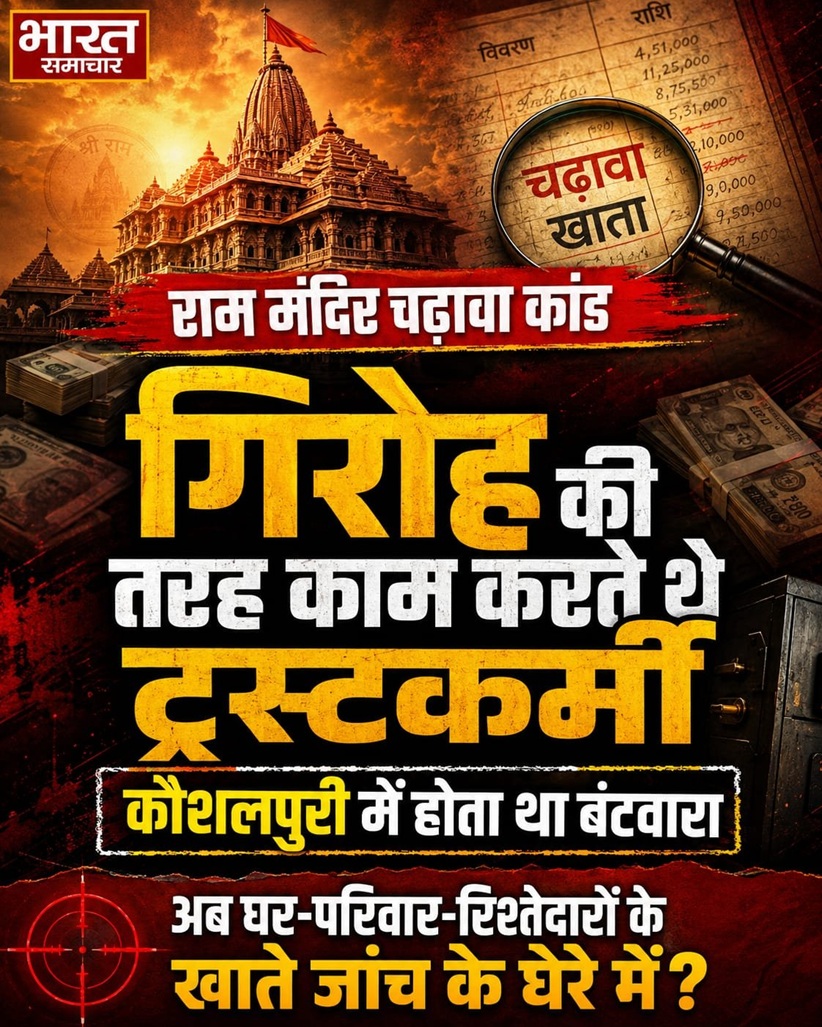 Hindi news thumbnail: temple, stacks of cash, and a magnifying glass over a ledger, highlighting temple offering fraud.Think: investigation into fraud in temple donations.
