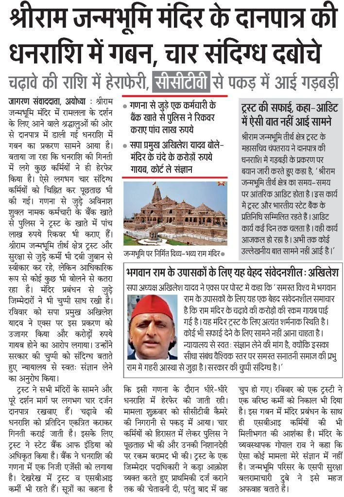 Front page of a Hindi newspaper with large headlines about a donation scam at Shri Ram Janmabhoomi temple; includes a photo of the Ram temple at Ayodhya and a portrait of a man in a red turban.