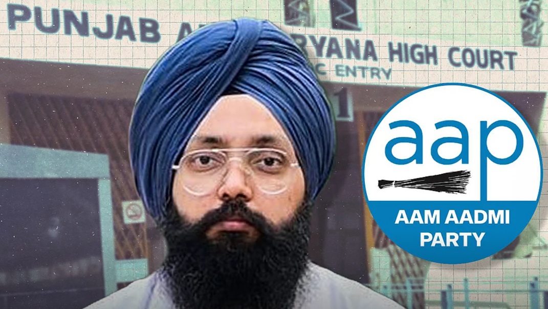 Portrait of a Sikh man with a blue turban and beard, wearing glasses, in front of the Punjab High Court entrance with an AAP logo overlay on the right.