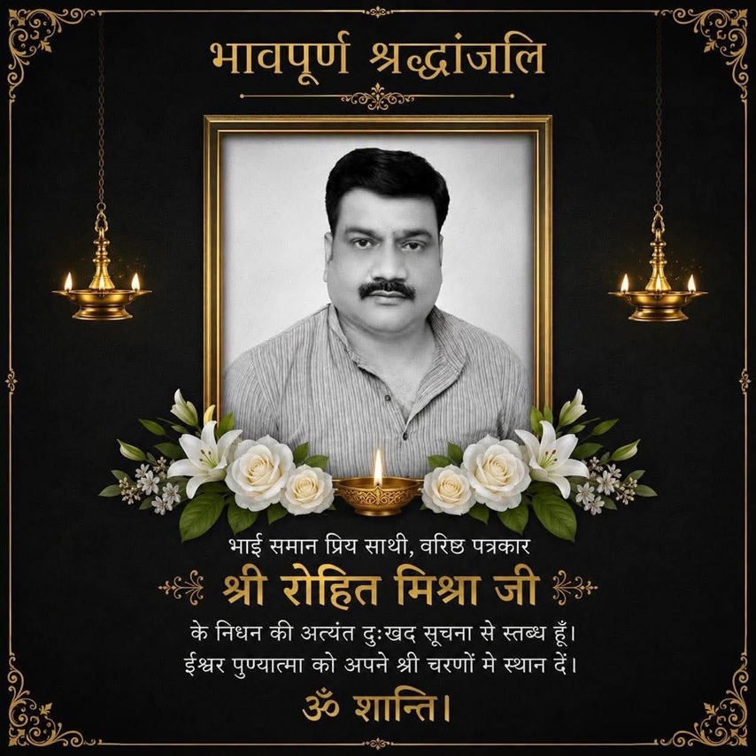 Hindi condolence poster with a framed portrait, white flowers, lamps, and a mourning message in gold text.
