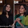 Split-screen interview with two women; left is smiling, caption 'Why do they shout so much?'; right is speaking, caption 'Are you bored of a catastrophe?'