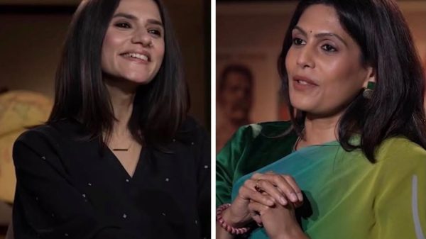 Split-screen interview with two women; left is smiling, caption 'Why do they shout so much?'; right is speaking, caption 'Are you bored of a catastrophe?'