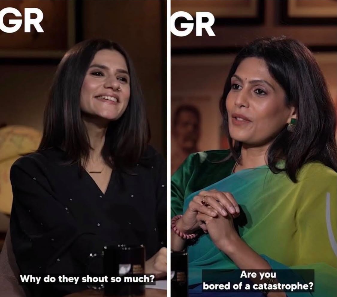 Split-screen interview with two women; left is smiling, caption 'Why do they shout so much?'; right is speaking, caption 'Are you bored of a catastrophe?'