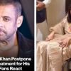 Two-panel image: left shows a man with short hair and stubble in a dark jacket, with a serious expression; overlaid text asks if Salman Khan postponed medical treatment for his films. Right shows a woman in a beige traditional outfit seated in a wheelchair in a hallway.