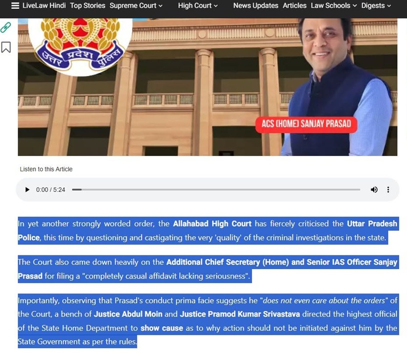 News hero image: a government building with a crest on the left and a man in a blue vest on the right, with a red label over him and blue quote blocks about the court ruling read aloud.