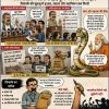 Hindi political cartoon about media corruption, showing reporters at a press conference, money bags and a large snake symbolizing manipulation of truth.