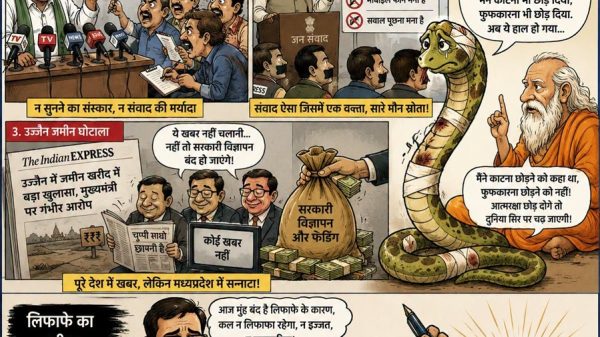 Hindi political cartoon about media corruption, showing reporters at a press conference, money bags and a large snake symbolizing manipulation of truth.