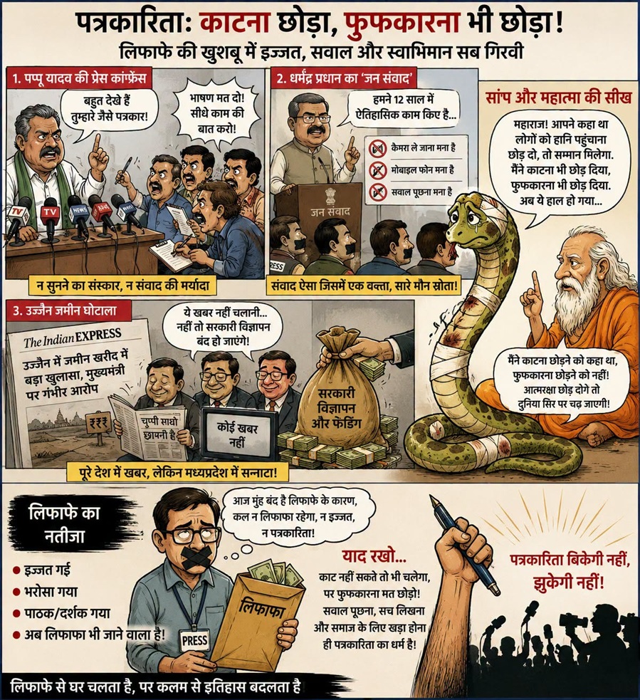 Hindi political cartoon about media corruption, showing reporters at a press conference, money bags and a large snake symbolizing manipulation of truth.