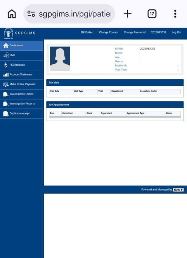 Patient portal dashboard with a left blue navigation rail, a profile panel and tabs labeled 'My Visit' and 'My Appointment' on a white content area.