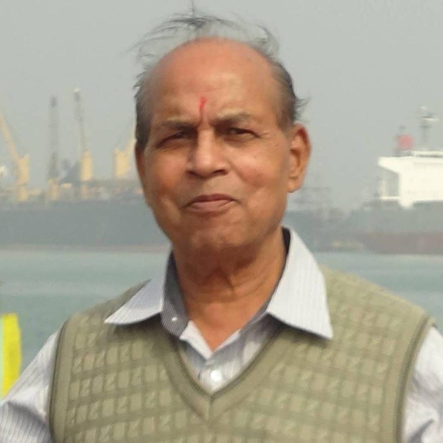 Older man with a red tilak on his forehead, wearing a light striped shirt and beige vest, standing near a harbor with ships in the background.