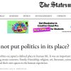 The Statesman article page header showing masthead, nav menu, ad banner, and headline 'Should we not put politics in its place?'