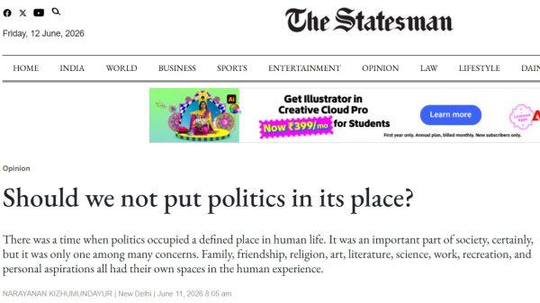 The Statesman article page header showing masthead, nav menu, ad banner, and headline 'Should we not put politics in its place?'