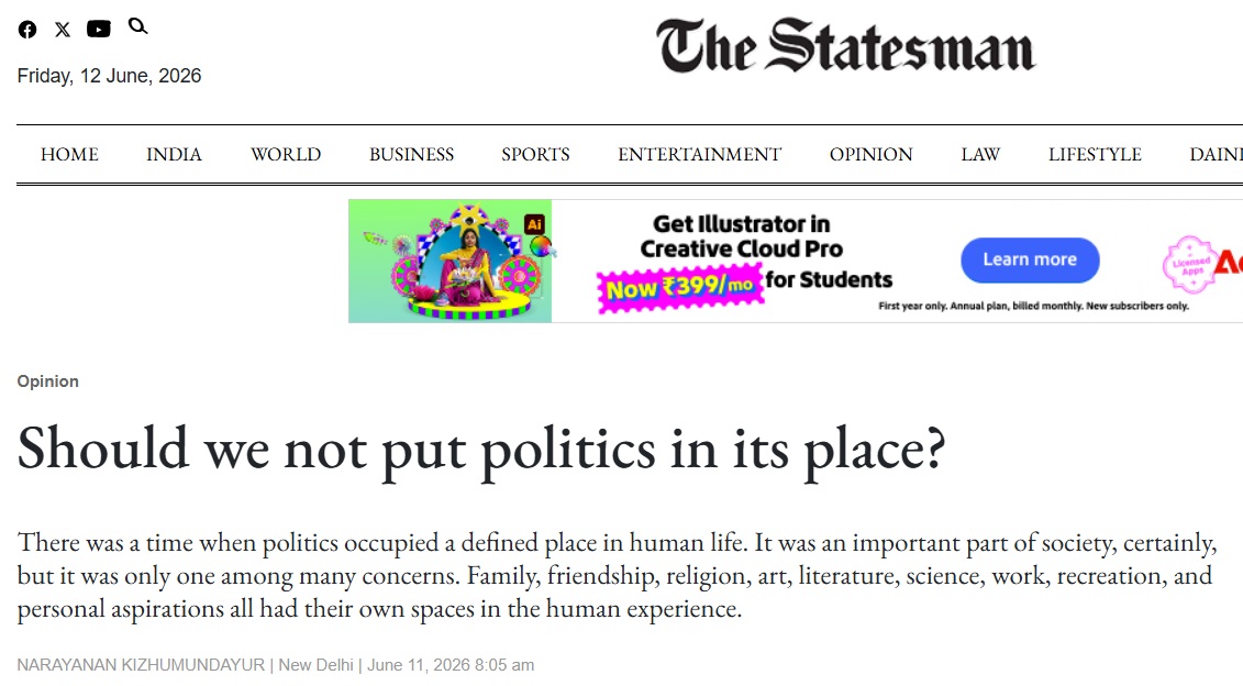 The Statesman article page header showing masthead, nav menu, ad banner, and headline 'Should we not put politics in its place?'
