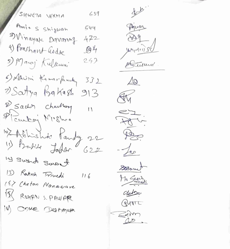 Handwritten sign-in sheet listing 15 names with numbers on the left; right column shows numerous signatures.