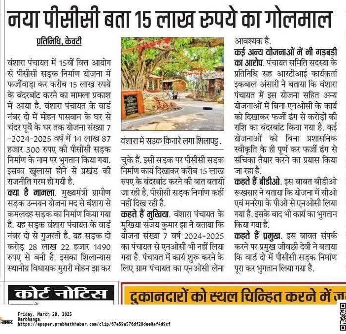vijay_khulasa | No. 1 Indian Media News Portal Hindi newspaper front page reporting a ₹15 lakh scam; center photo shows a tree-lined street with a small roadside building.