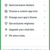 WhatsApp-style promo: 1-month free upgrade with features (stickers, custom icon, theme, ringtones) and a bold 'Start your free month' CTA.