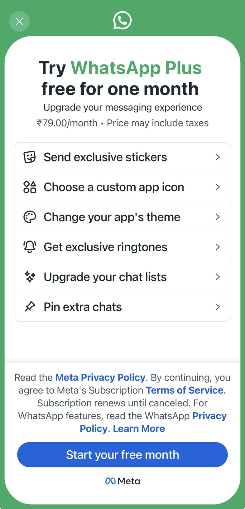 WhatsApp-style promo: 1-month free upgrade with features (stickers, custom icon, theme, ringtones) and a bold 'Start your free month' CTA.