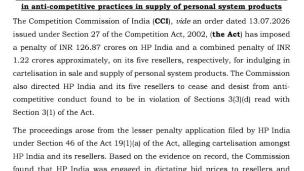 CCI press release document with Indian emblem on the left and CCI logo on the right, dated 13 July 2026, announcing penalties on HP India and its resellers for anti-competitive practices.