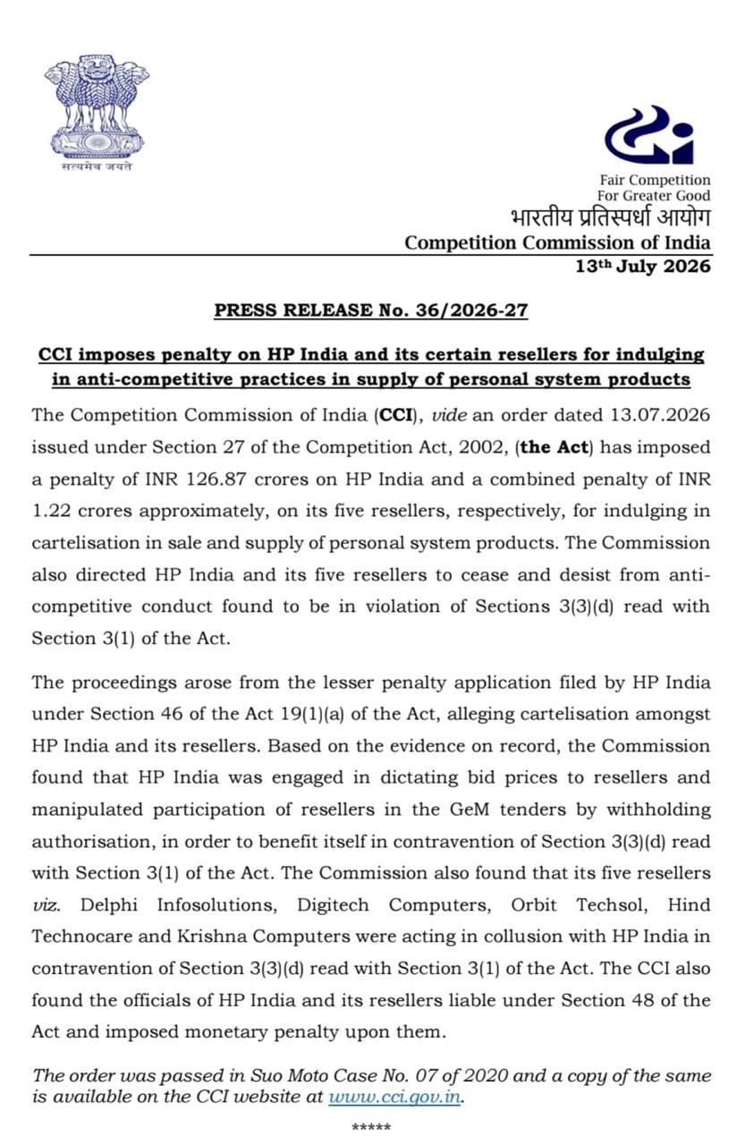 CCI press release document with Indian emblem on the left and CCI logo on the right, dated 13 July 2026, announcing penalties on HP India and its resellers for anti-competitive practices.