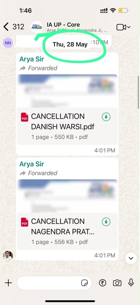 WhatsApp chat screen showing two forwarded PDF documents from Arya Sir, with the date Thu, 28 May visible at the top and the file names CANCELLATION DANISH WARSI.pdf and CANCELLATION NAGENDRA PRAT… on the cards.