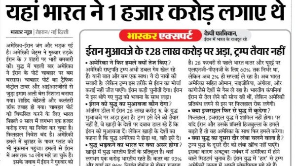 Front page of a Hindi newspaper featuring a large bold headline: 'हमले में ईरान का चाबहार पोर्ट तबाह, यहाँ भारत ने 1 हजार करोड़ लगा दिए', with a smaller article box beneath.