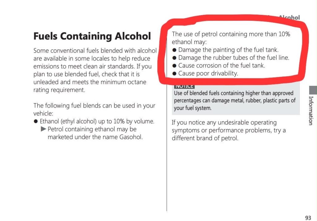 E10 | No. 1 Indian Media News Portal Panel explains fuels containing alcohol; list of risks of petrol with >10% ethanol: damage to paint, rubber fuel lines, corrosion, and poor drivability (circled).