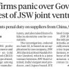 Newspaper front page with the headline: 'Small firms panic over Govt probe at behest of JSW joint venture' and subhead about penal duties on suppliers from China and South Korea.
