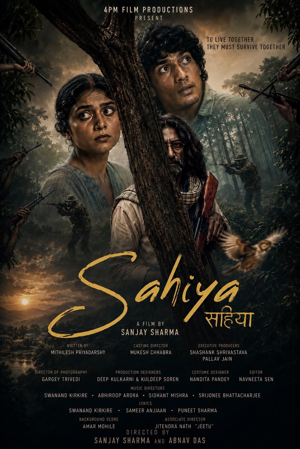 Poster for the film Sahiya: a woman and a man huddle behind a tree as armed soldiers advance around them, conveying danger and wartime tension. Tagline reads: 'To live together they must survive together.'