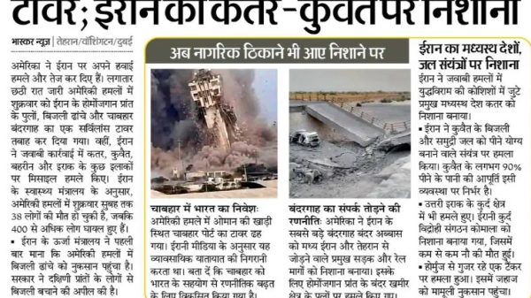 Hindi newspaper front page reporting a U.S. airstrike; center photos show a collapsed building and a damaged bridge, with a bold headline above.