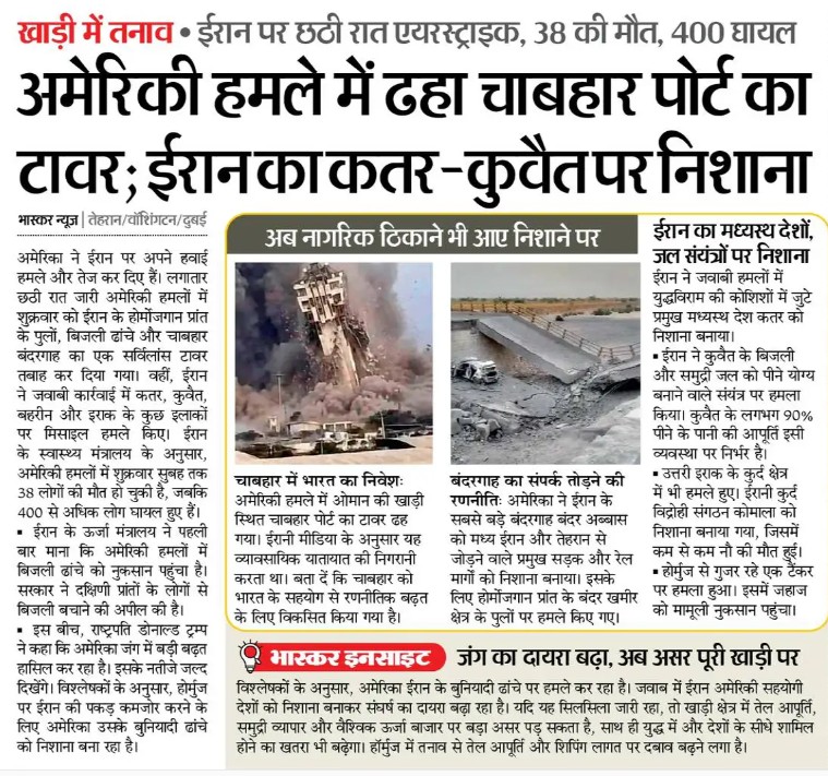 Hindi newspaper front page reporting a U.S. airstrike; center photos show a collapsed building and a damaged bridge, with a bold headline above.