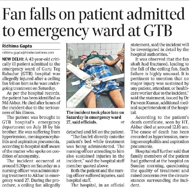 Newspaper front page about a fan falling on a patient in GTB emergency ward; photo shows a patient on a hospital bed being treated after the incident, which occurred late Saturday.