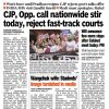Front-page newspaper with a large protest photo of demonstrators holding signs; main headline: 'CJP, Opp. call nationwide stir today, reject fast-track courts'; side headline about PM Modi and fast-work courts.