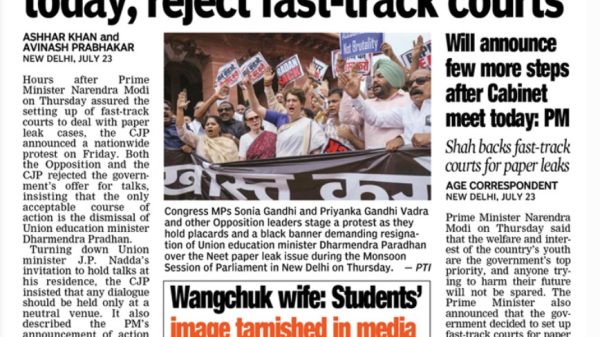 Front-page newspaper with a large protest photo of demonstrators holding signs; main headline: 'CJP, Opp. call nationwide stir today, reject fast-track courts'; side headline about PM Modi and fast-work courts.