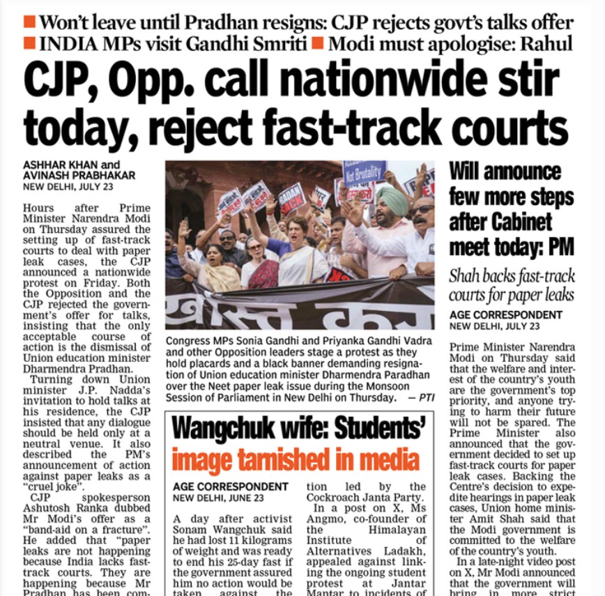 Front-page newspaper with a large protest photo of demonstrators holding signs; main headline: 'CJP, Opp. call nationwide stir today, reject fast-track courts'; side headline about PM Modi and fast-work courts.