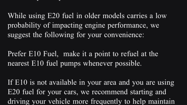 Email from pulsehub dated 26 Aug 2025 discussing fuel recommendations: MG cars compliant with E20; guidance on E10/E20 fuel and older models; starts with 'Dear [name]'.