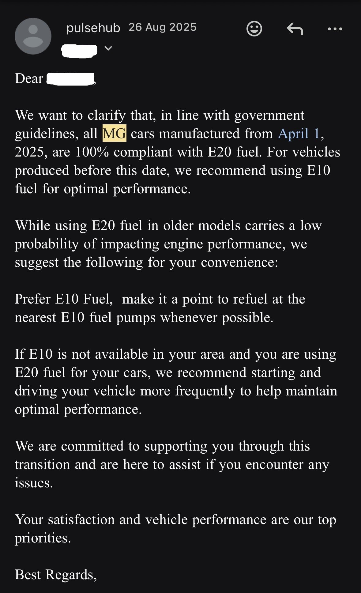 Email from pulsehub dated 26 Aug 2025 discussing fuel recommendations: MG cars compliant with E20; guidance on E10/E20 fuel and older models; starts with 'Dear [name]'.