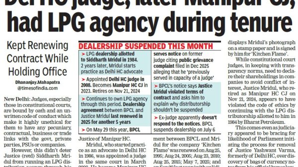 Newspaper front page reporting a High Court judge, later Manipur Chief Justice, allegedly kept an LPG dealership during tenure; bold headline dominates the page.