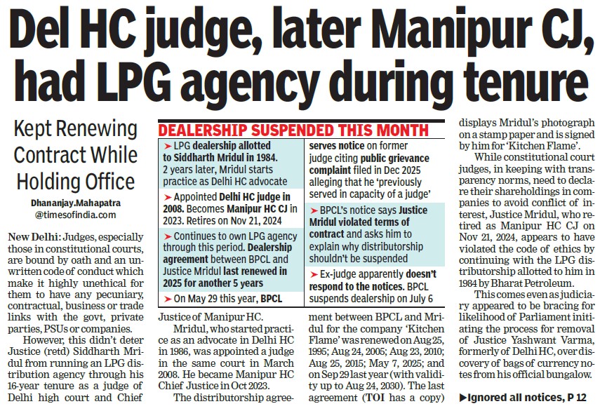 Newspaper front page reporting a High Court judge, later Manipur Chief Justice, allegedly kept an LPG dealership during tenure; bold headline dominates the page.
