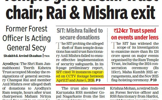 Front-page newspaper headline about probe into a temple trust, with Rai and Mishra exiting as listed in subheads and sidebars about investigations and resignations.