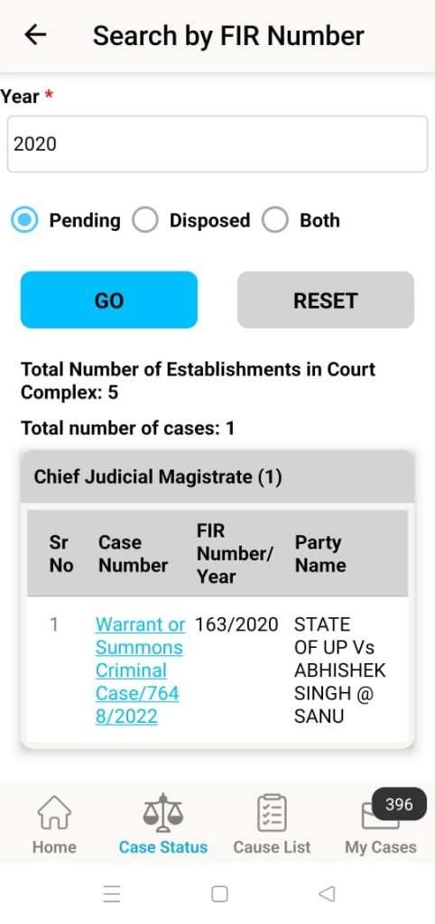 abhishek_shanu_1 | No. 1 Indian Media News Portal Mobile app screen for searching FIR cases by year; shows Year field, Pending selected, GO and RESET buttons, and a results table with one case listed.