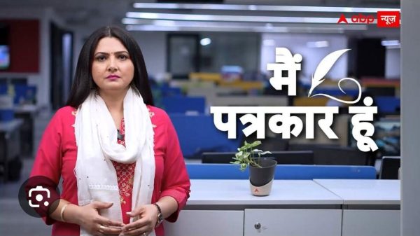 Female news presenter in pink with a white scarf stands in a newsroom; Hindi caption मैं पत्रकार हूँ on screen.