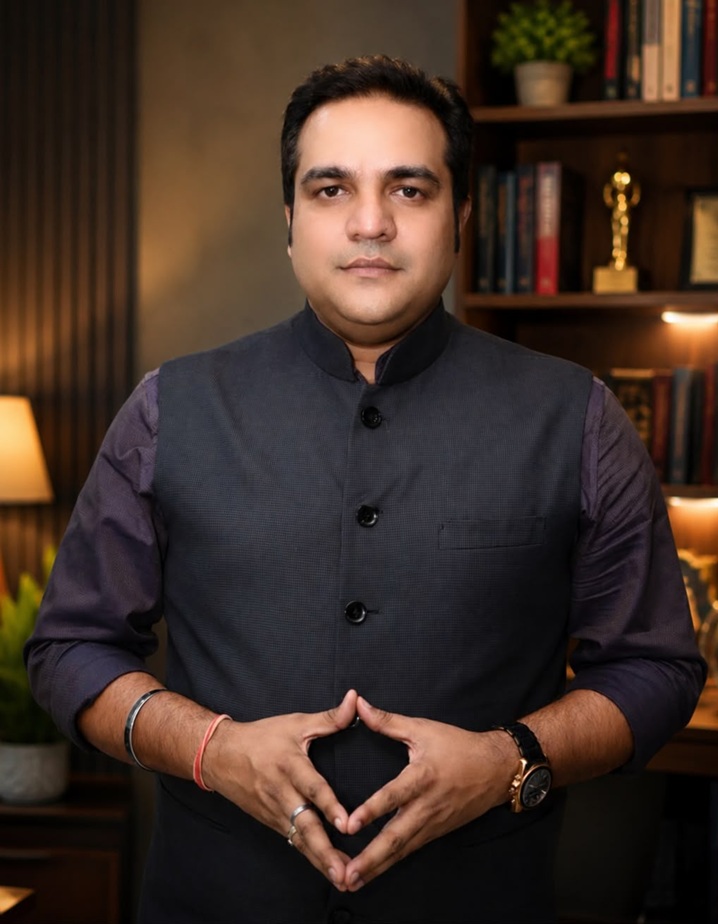Portrait of a man in a dark vest and purple shirt, standing in a study with bookshelves behind him.
