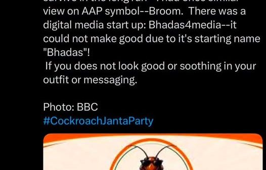 Tweet criticizing the 'Cockroach Janta Party'; logo shows a cockroach above the words 'Cockroach Janta Party' in orange and green.