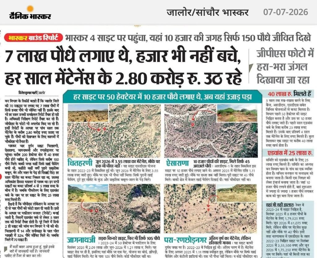 bhaskar modi | No. 1 Indian Media News Portal Dainik Bhaskar front page reporting a mass plantation scam; headline reads '7 लाख पौधे लगाये थे, हजार भी नहीं बचे' with satellite map images of the affected sites.