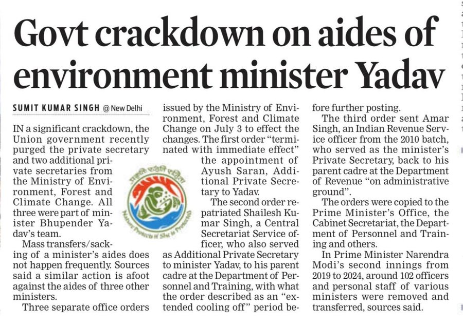 Newspaper article headline: Govt crackdown on aides of environment minister Yadav; author Sumit Kumar Singh, New Delhi, with circular emblem.