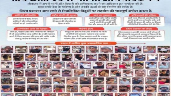Hindi information poster with many small portrait photos in a grid and red category headings at the top.