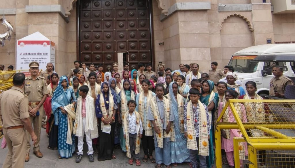 chandauli_3 | No. 1 Indian Media News Portal Group of men, women, and children in traditional attire gathered outside a large wooden doorway, flanked by police officers.