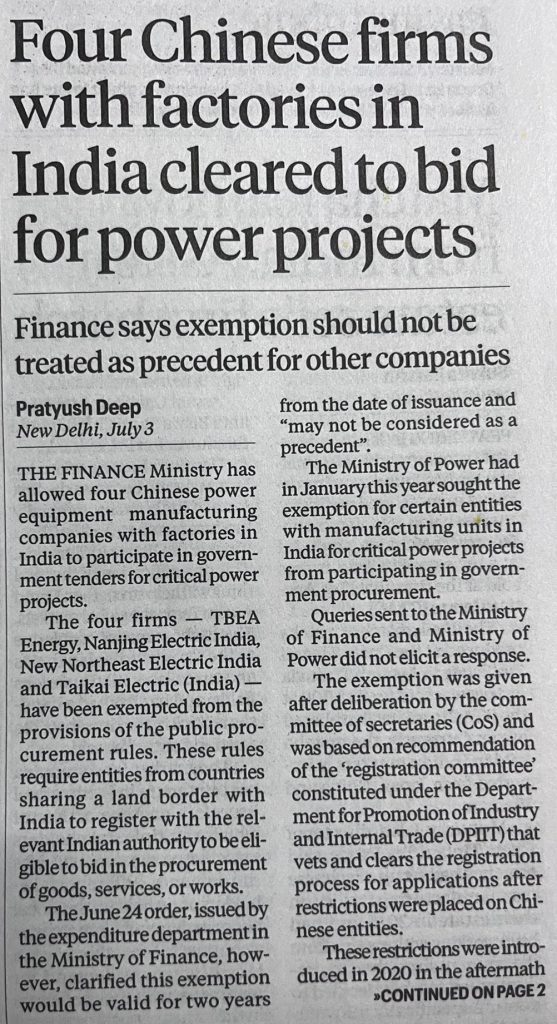 china linked | No. 1 Indian Media News Portal Newspaper page with headline: 'Four Chinese firms with factories in India cleared to bid for power projects'; subheading about exemption by Finance Ministry.