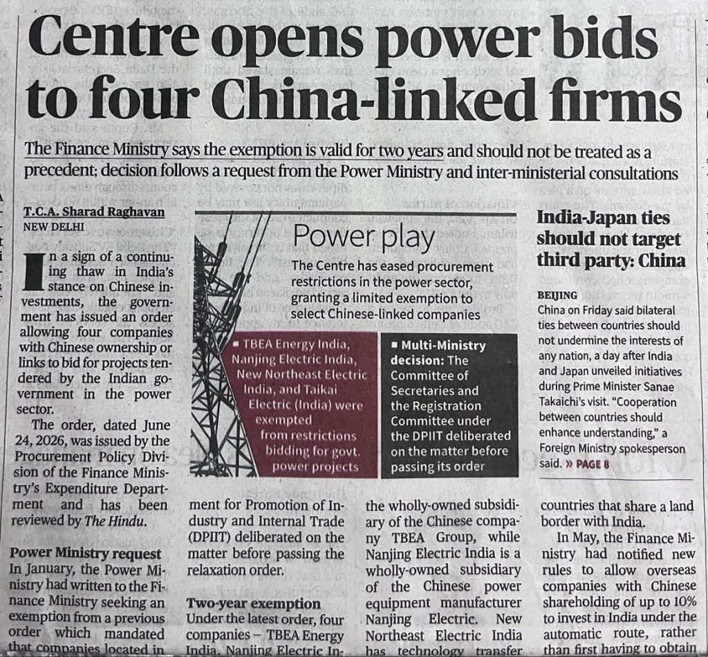 china_ | No. 1 Indian Media News Portal Newspaper front page with the bold headline 'Centre opens power bids to four China-linked firms' and a photo of power lines.