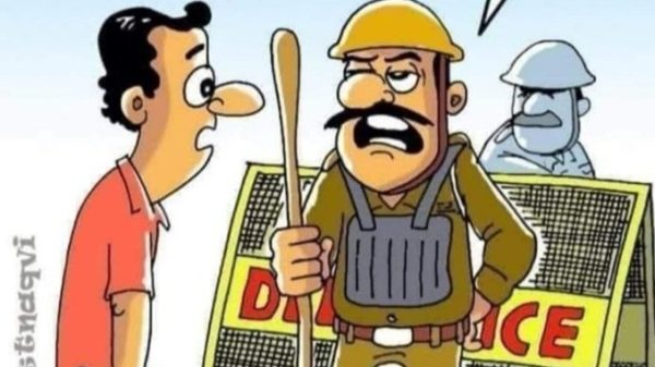 Cartoon: a journalist with a mic tells 'I am a journalist' to a stern police officer at a barricade, who asks, 'Which party are you from?'